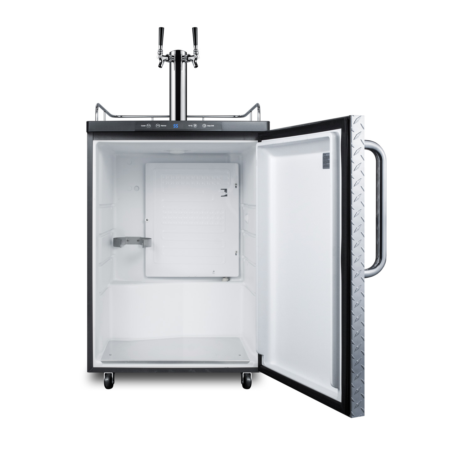 Freestanding residential dual tap beer dispenser, auto defrost w/digital thermostat, diamond plate wrapped door finish, and towel bar handle